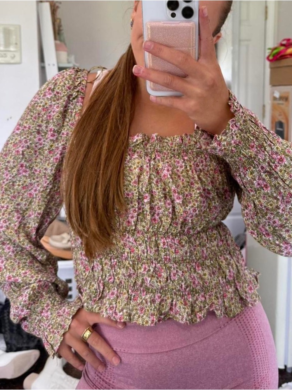 H&M Smocked Square-Neck Floral Blouse - Pink & Green Size M NWT - Picture 4 of 5